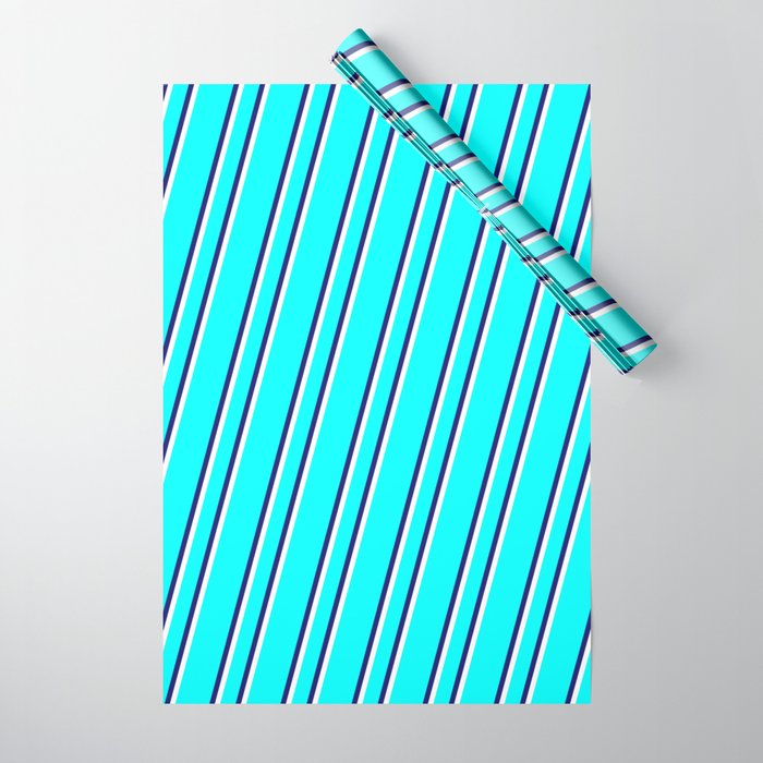 Aqua, Midnight Blue, and White Colored Stripes Pattern Wrapping Paper