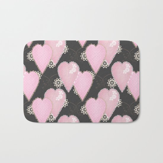 Retro . Applique. Textile pink hearts on a grey background . Patchwork . Bath Mat