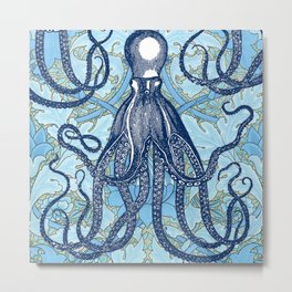 Antique Octopus on William Morris Floral Metal Print | Pattern, Marinelife, Blue, Collage, Animal, Ocean, Octopus, Williammorris 