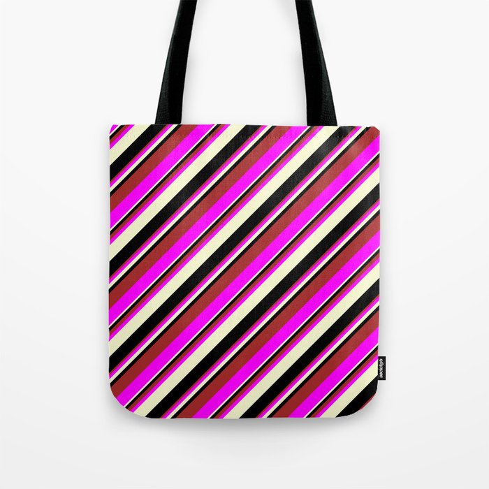 Brown, Fuchsia, Light Yellow, and Black Colored Lines Pattern Tote Bag