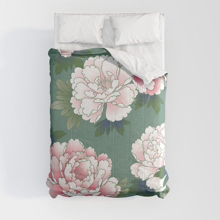 Japanese Vintage Pink Peonies Green Leaves Kimono Pattern Comforter