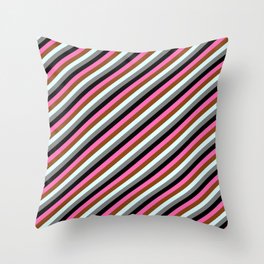 [ Thumbnail: Eye-catching Hot Pink, Brown, Light Cyan, Gray & Black Colored Stripes Pattern Throw Pillow ]