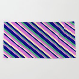 [ Thumbnail: Blue, Sea Green, Orchid, and Beige Colored Striped/Lined Pattern Beach Towel ]