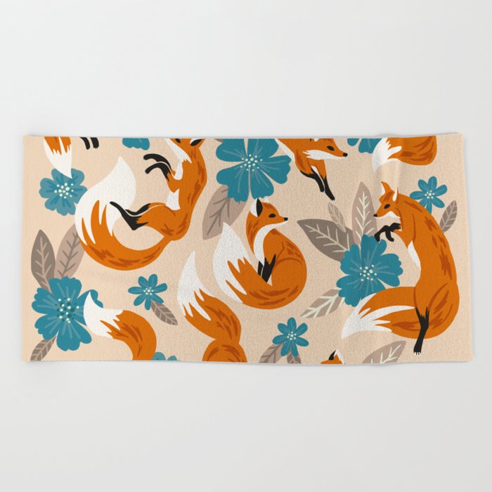 Foxes & Blooms – Tan & Blue Beach Towel