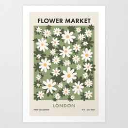 Flower Market London, Retro Daisies  Print, Green Ditsy Pattern Art Print