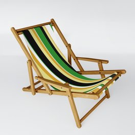 [ Thumbnail: Colorful Goldenrod, Tan, Black, Forest Green & White Colored Stripes Pattern Sling Chair ]