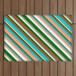 [ Thumbnail: Eyecatching Dark Green, Sienna, Dark Turquoise, Light Salmon & White Colored Stripes Pattern Outdoor Rug ]