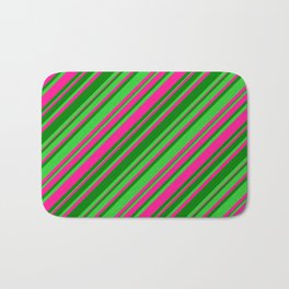 [ Thumbnail: Deep Pink, Green & Lime Green Colored Lines Pattern Bath Mat ]