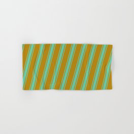 [ Thumbnail: Dark Goldenrod & Aquamarine Colored Striped/Lined Pattern Hand & Bath Towel ]