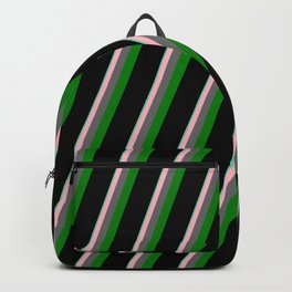 [ Thumbnail: Vibrant Aquamarine, Light Pink, Dim Gray, Green & Black Colored Lined/Striped Pattern Backpack ]