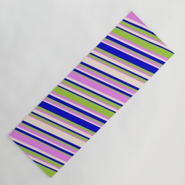 [ Thumbnail: Blue, Green, Violet & Beige Colored Lines Pattern Yoga Mat ]