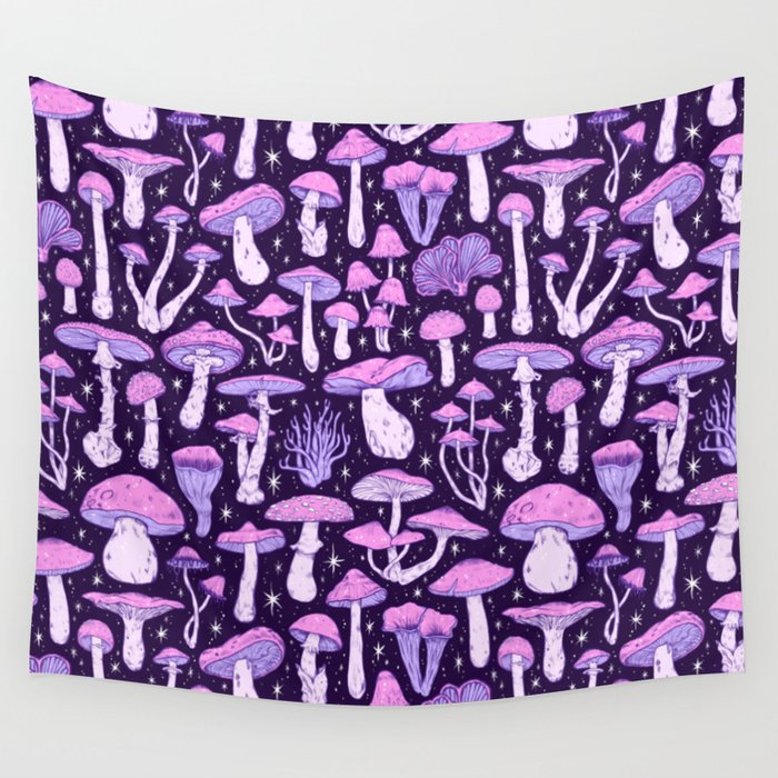 Deadly Mushrooms Dark Purple Wall Tapestry