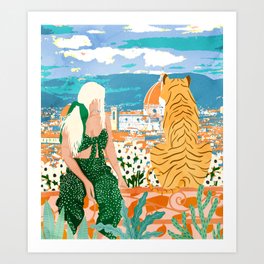 The Italian View, Woman Tiger Travel, Europe Architecture Illustration, Animals Bohemian Art Print