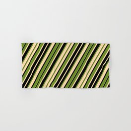 [ Thumbnail: Green, Tan & Black Colored Stripes/Lines Pattern Hand & Bath Towel ]