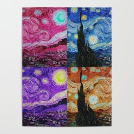 The Starry Night - La Nuit étoilée oil-on-canvas post-impressionist landscape masterpiece painting in alternate four-color collage crimson red, blue, purple, and gold by Vincent van Gogh Poster