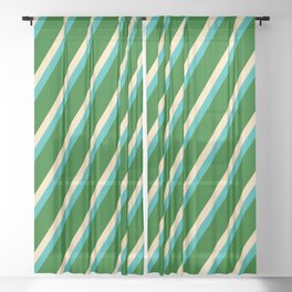 [ Thumbnail: Beige, Light Sea Green & Dark Green Colored Lined Pattern Sheer Curtain ]