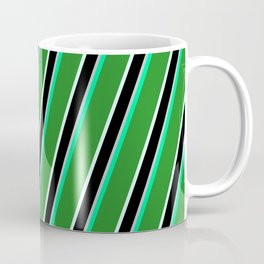 [ Thumbnail: Colorful Green, Forest Green, Light Cyan, Black & Grey Colored Lined Pattern Coffee Mug ]