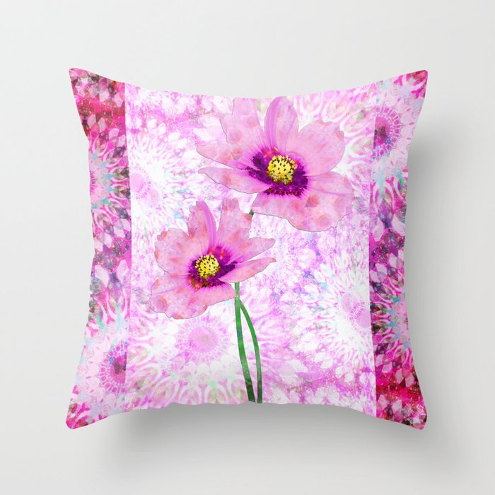 Pink Mandala Cosmos Flower Floral Art  Throw Pillow