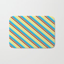 [ Thumbnail: Vibrant Maroon, Tan, Deep Sky Blue, Sienna & White Colored Striped/Lined Pattern Bath Mat ]