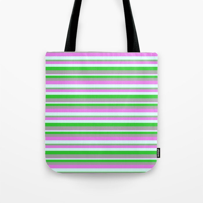Violet, Light Cyan, Lime Green, and Dark Grey Colored Lines/Stripes Pattern Tote Bag