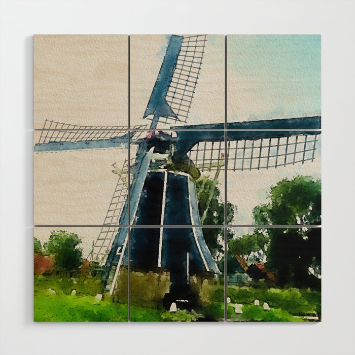 Watercolor Windmill 2 Digital Art Painting Wood Wall Art