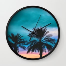 Tropical Palm Sunset in Turquoise Wall Clock | Nature, Photo, Tropical Photography, Silhouettes, Island Vibe, Colorful Sky, Kids Decor, Serene, Digital Manipulation, Palm 