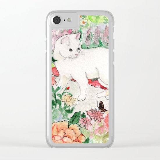 White Cat in a Garden Clear iPhone Case