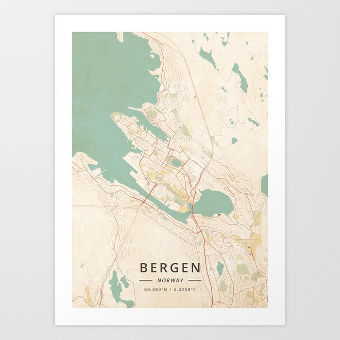 Bergen, Norway - Vintage Map Art Print