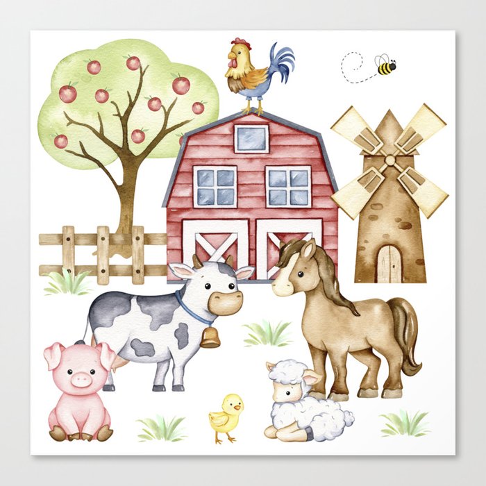 Watercolor Farm Animals Scene Canvas Print