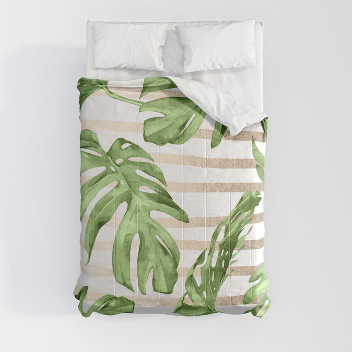 Simply Tropical White Gold Sands Stripes and Palm Leaves Comforter