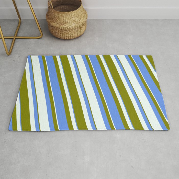 Mint Cream, Green & Cornflower Blue Colored Striped/Lined Pattern Rug