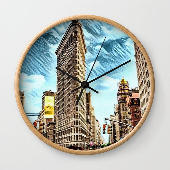 Flatiron Building NYC Landscape Painting by Jeanpaul Ferro Wall Clock