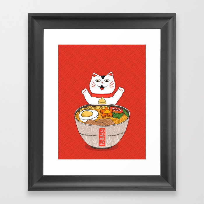 Liter of Ramen. Japanese soup and Manekineko cat. Framed Art Print