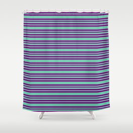 [ Thumbnail: Aquamarine & Purple Colored Striped/Lined Pattern Shower Curtain ]