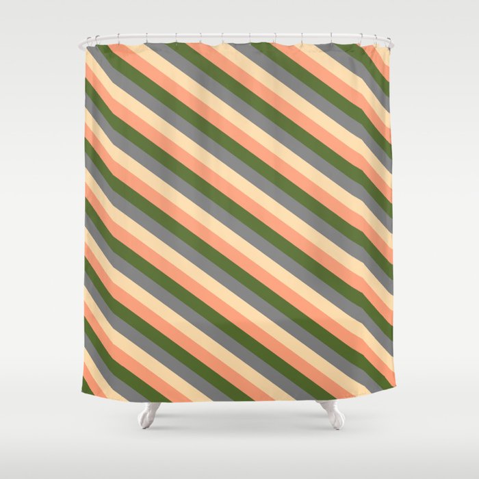 Dark Olive Green, Grey, Tan, and Light Salmon Colored Striped Pattern Shower Curtain