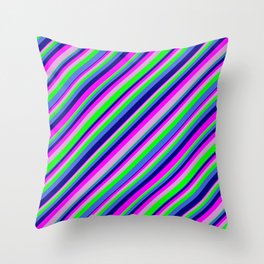 [ Thumbnail: Eyecatching Royal Blue, Blue, Fuchsia, Plum, and Lime Colored Lined/Striped Pattern Throw Pillow ]