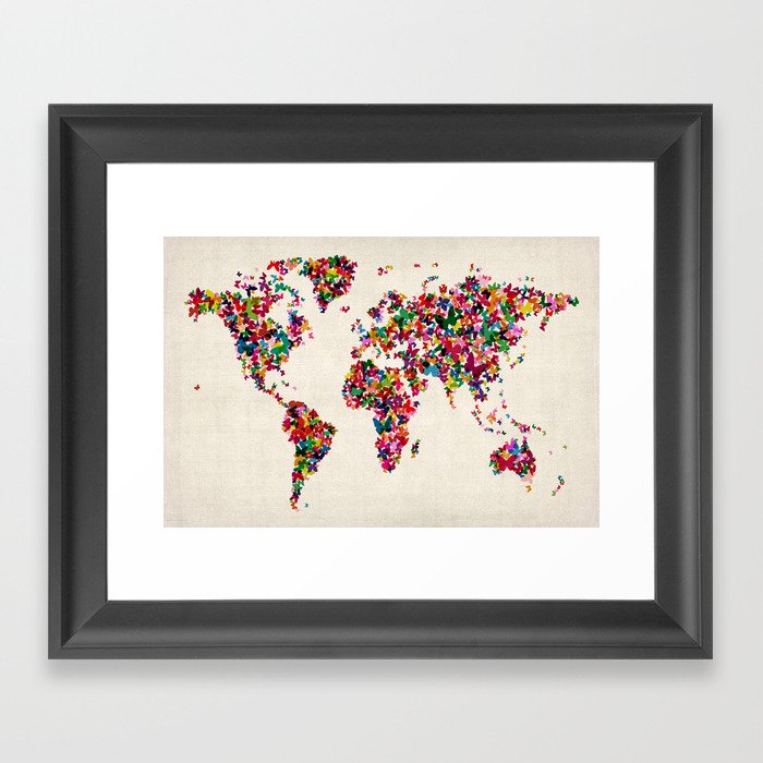 Butterflies Map Of The World Map Framed Art Print By