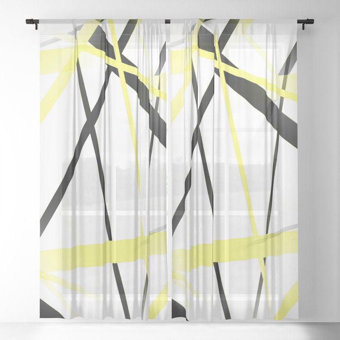 Criss Crossed Lemon Yellow And Black Stripes On White Sheer