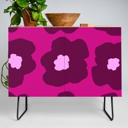 Large Pop-Art Retro Flowers in Wine Red on Pink Background  Credenza