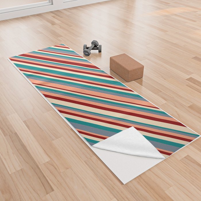 Eye-catching Bisque, Teal, Slate Gray, Light Salmon & Dark Red Colored Stripes Pattern Yoga Towel