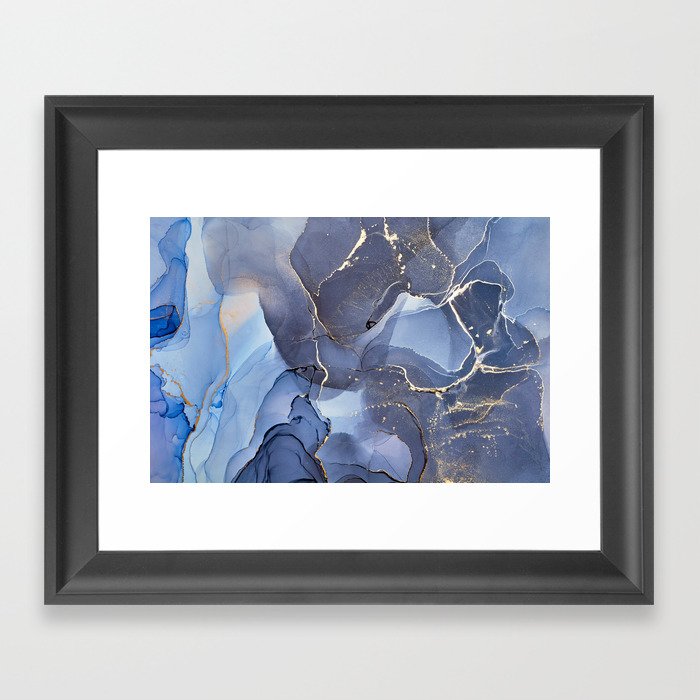 Dusty Blue + Slate + Gold Abstract Smoky Skies Framed Art Print