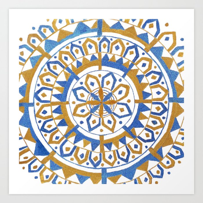 Metallic Blue and Gold Acrylic Painting Mandala Square with White Background Art Print
