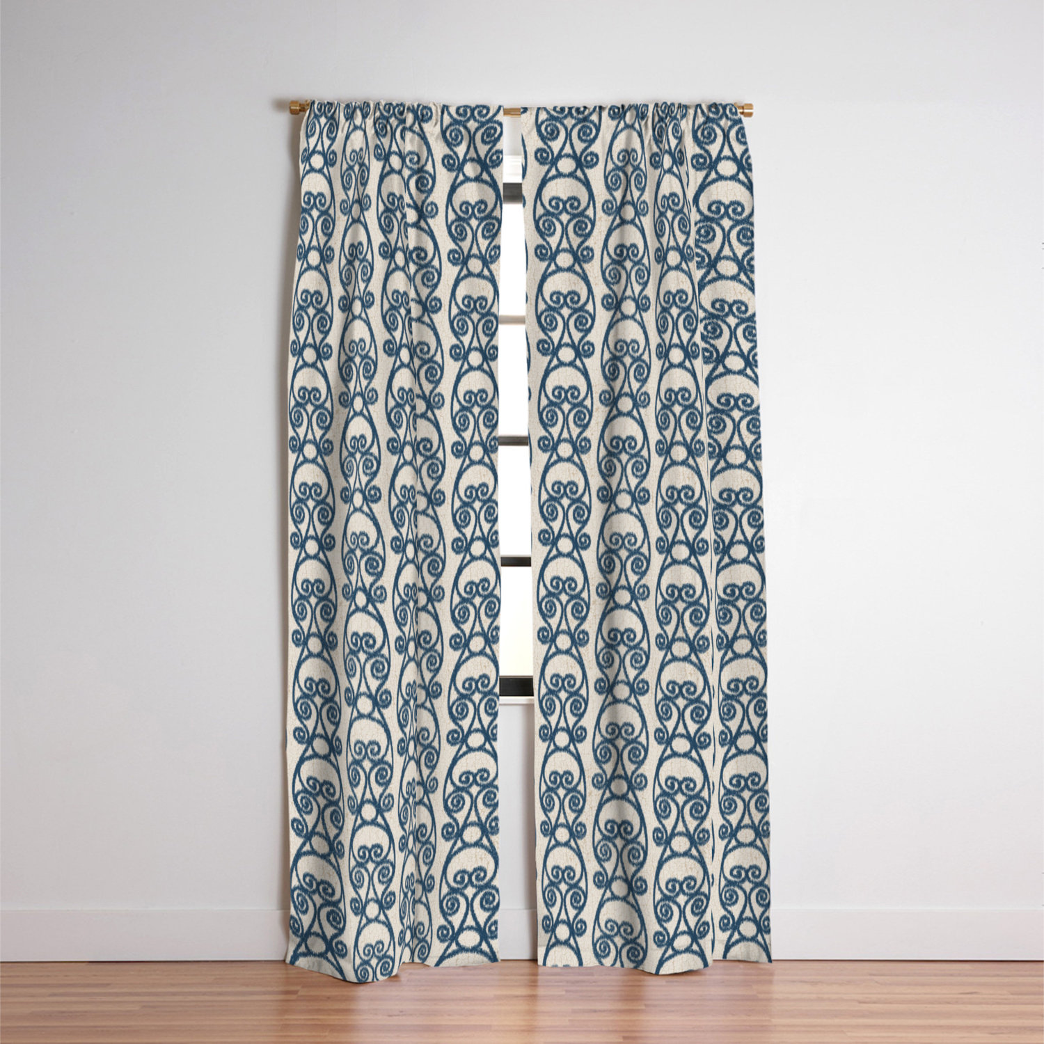 Crackled Scrolled Ikat Pattern Cream Navy Blackout Curtain By