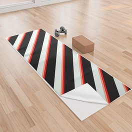 [ Thumbnail: Red, Light Salmon, Mint Cream, and Black Colored Pattern of Stripes Yoga Towel ]
