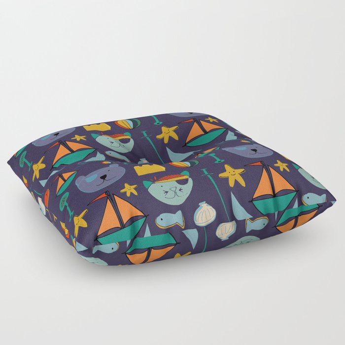 cat and bear pirate purple Floor Pillow