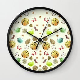 Christmas pattern. New Year decoration Adornment coniferous green with cones, balls, berries, citrus Wall Clock