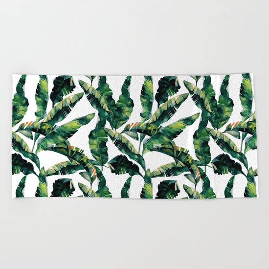 Banana Leaves Green on White Beach Towel