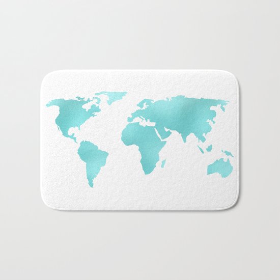 World Map Turquoise Shimmery Map Bath Mat