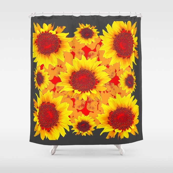 Decorative Golden Yellow Red Sunflowers Grey Patterns Shower Curtain