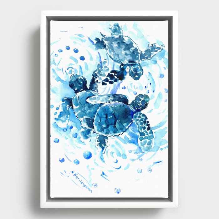 Three Sea Turtles, blue bathroom turtle artwork, Underwater Framed Canvas